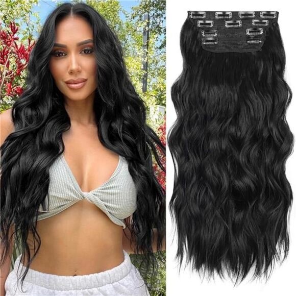 ALXNAN Clip in Long Wavy Synthetic Hair Extension 24 Inch Black 4PCS Thick - Picture 2 of 7